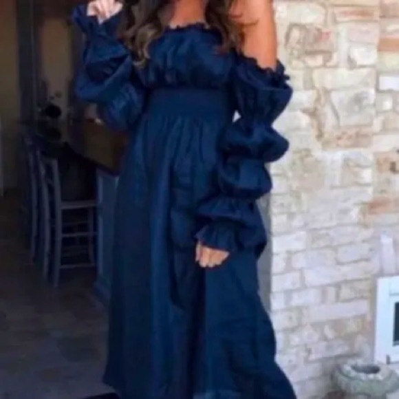 Sleeper Michelin dress size XL navy linen balloon sleeve romantic midi - Picture 1 of 12